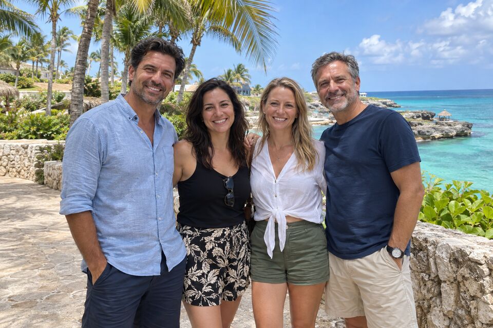 AI-generated illustration of four friends posing together for a photo beside a tropical beach