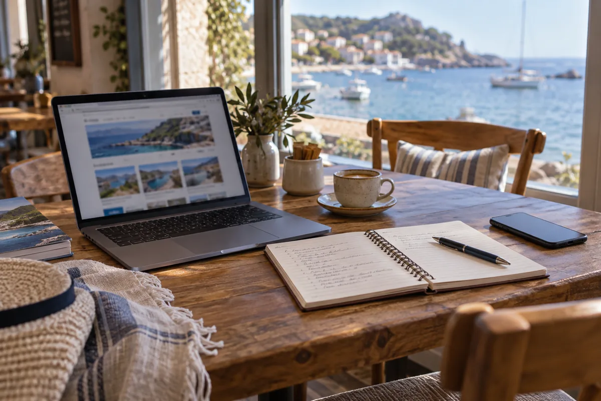 Laptop research beside a notepad for questions to ask a travel advisor
